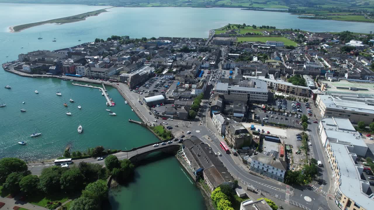 Aerial of harbour and town centre Dungarvan Waterford Ireland busy market town in summer