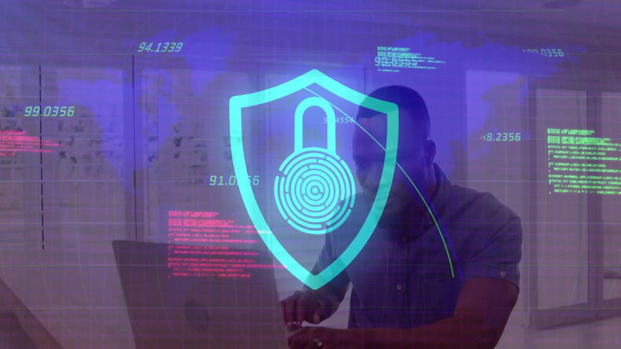 IT professional typing on laptop at desk, with cybersecurity shield, lock icon and floating codes