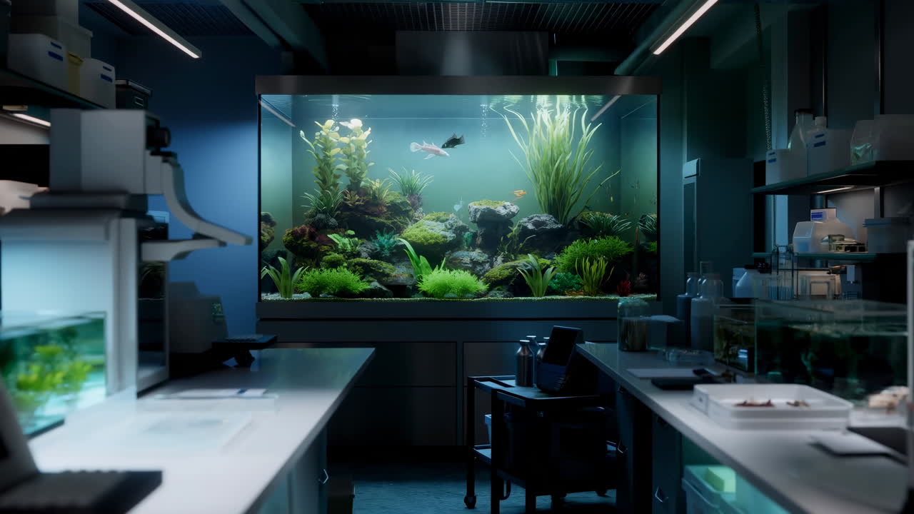 Groot verlicht aquarium domineert laboratoriumwerkplek, glazen tank gevuld met weelderige aquascaping en groen