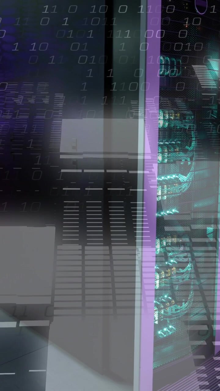 Animation of digital data processing over server room
