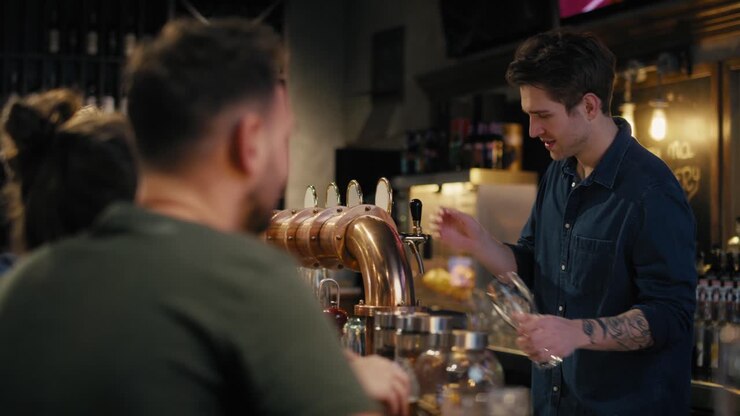 Barman caucasico che lavora al bar.