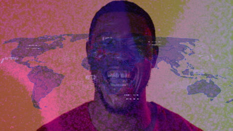 smiling person with world map and data processing animation overlay
