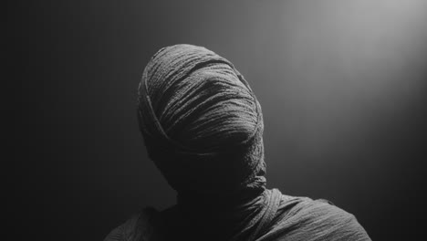 a mummy of a woman on a dark backdrop slowly rises her head