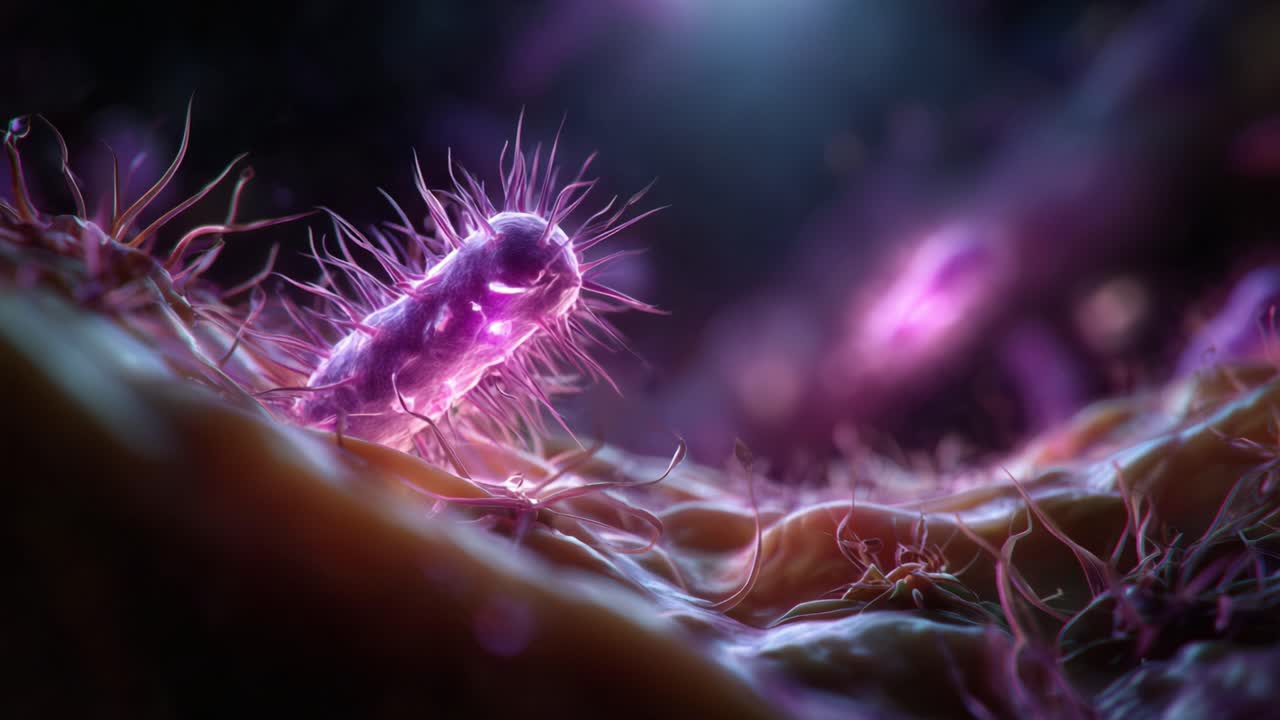 Microscopic Close-up of Bacteria: Unveiling the Intricate Structures and Vibrant Colors of Microbial Life in a Dynamic Cellular Environment