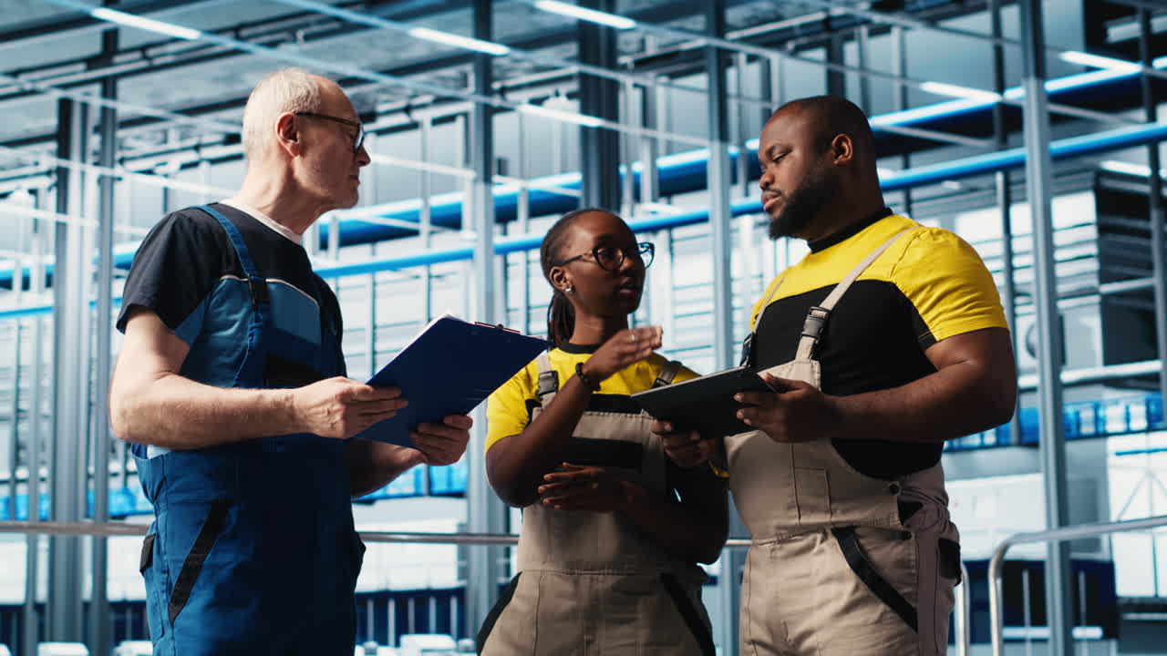 líder de equipo de fábrica inteligente de fotovoltaica y trabajadores analizando datos
