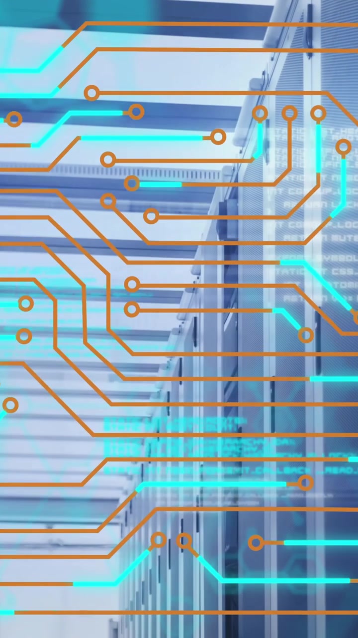 Animation of microprocessor connections and data processing against computer server room