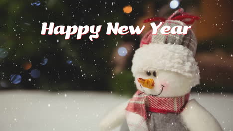 animation of happy new year text over snow falling and snowman background