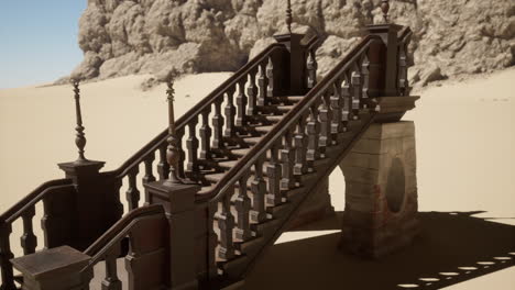 a wooden staircase leading up a stone structure in the desert