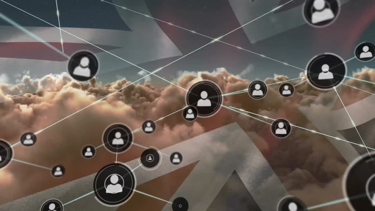 animación de la red de conexiones con iconos sobre la bandera de gran bretaña y las nubes