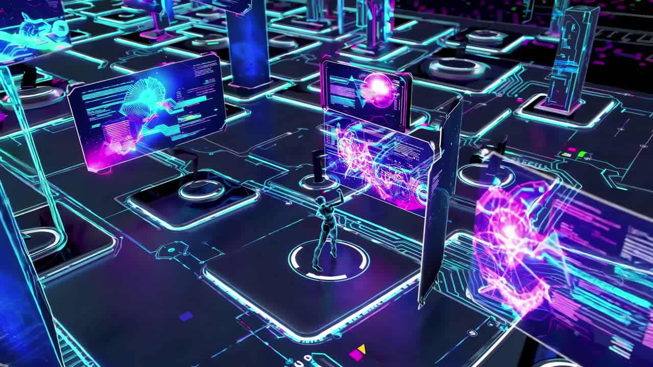 Futuristic digital interface with holographic displays, viewed from a high angle