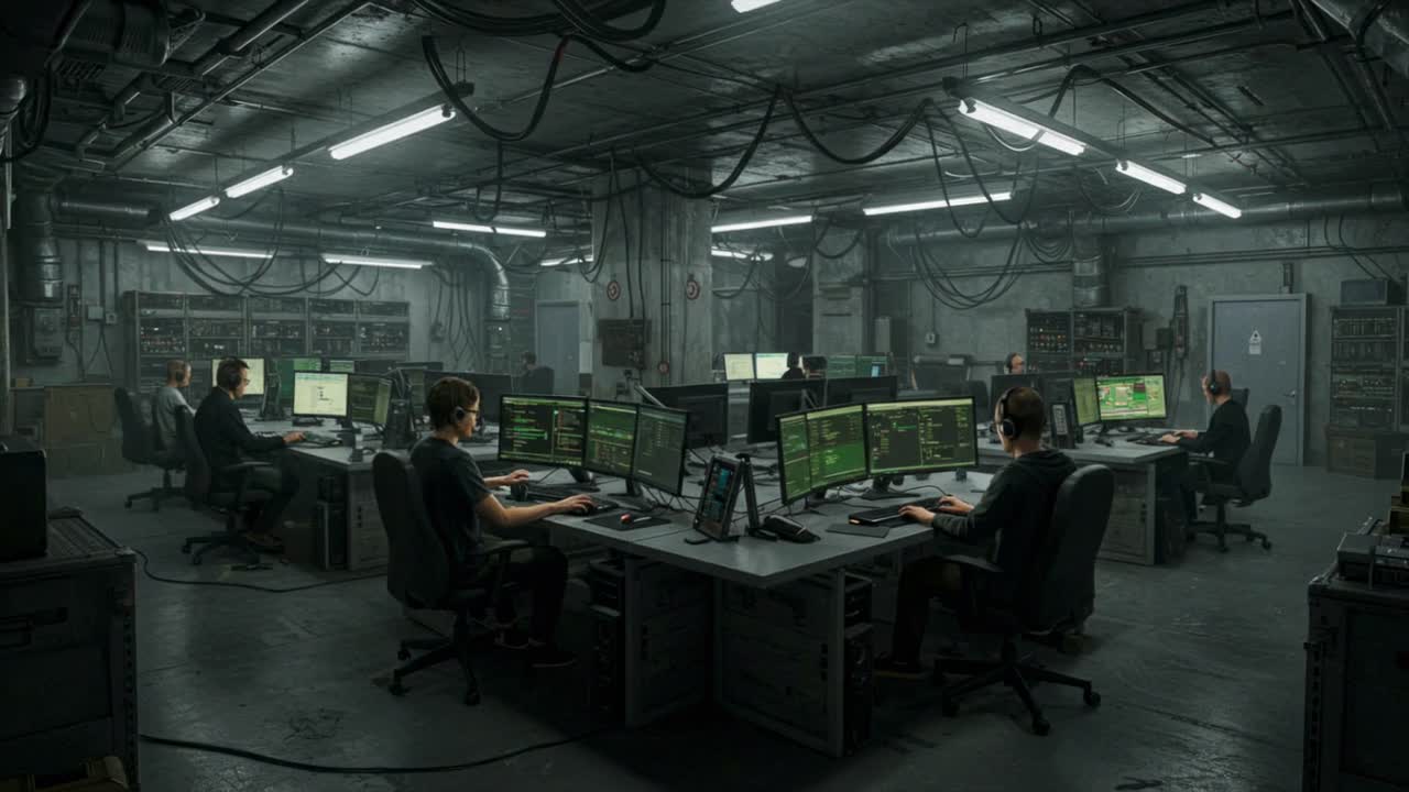 A dedicated team is diligently working in a state-of-the-art operations room, analyzing complex data and coordinating crucial responses deep into the night