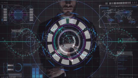 Data-processing-and-scope-scanning-over-caucasian-man-touching-futuristic-screen