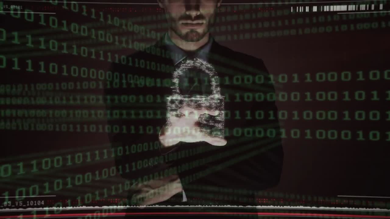 온라인 보안 잠금과 방패를 가진 연결 네트워크의 애니메이션 남성 사업가