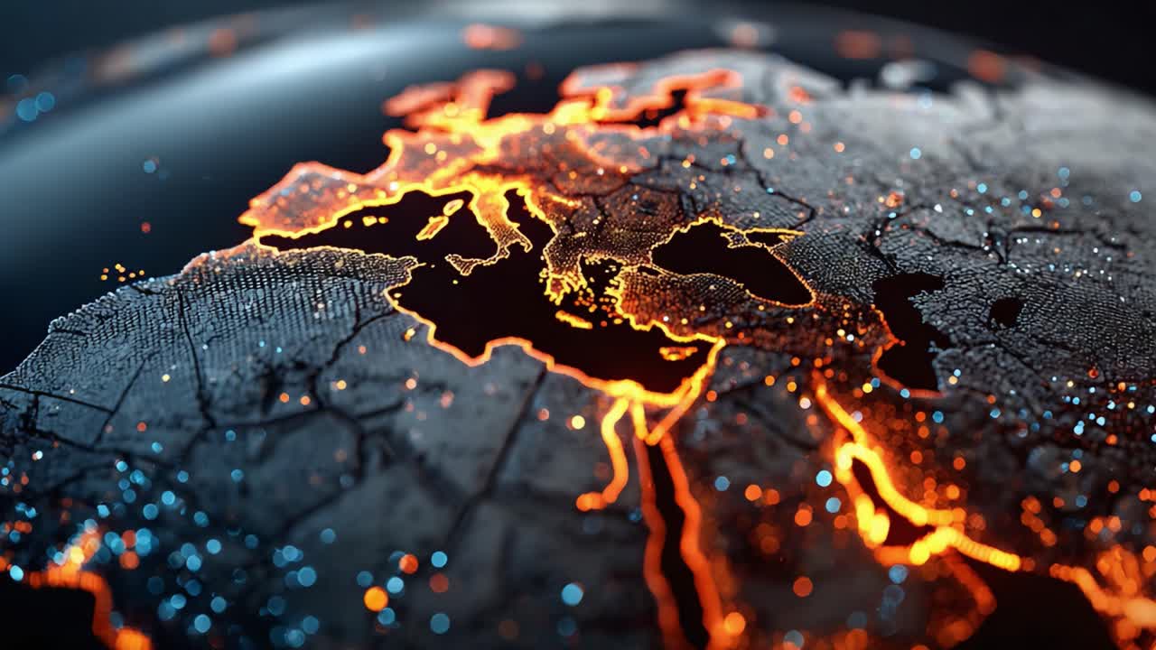 Atemberaubende Visualisierung der Erde: Eine Nahaufnahme von Europa und dem Mittelmeerraum mit leuchtenden Highlights und komplexen Texturen, die städtische Gebiete und Landformen darstellen