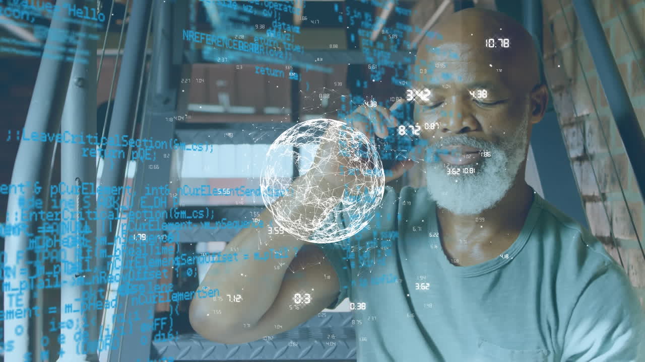 Animation of computer language and numbers around globe, african american man talking on cellphone