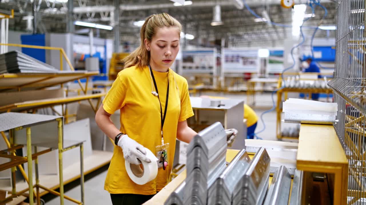 Assembly line with workers. Portrait view of factory female worker
