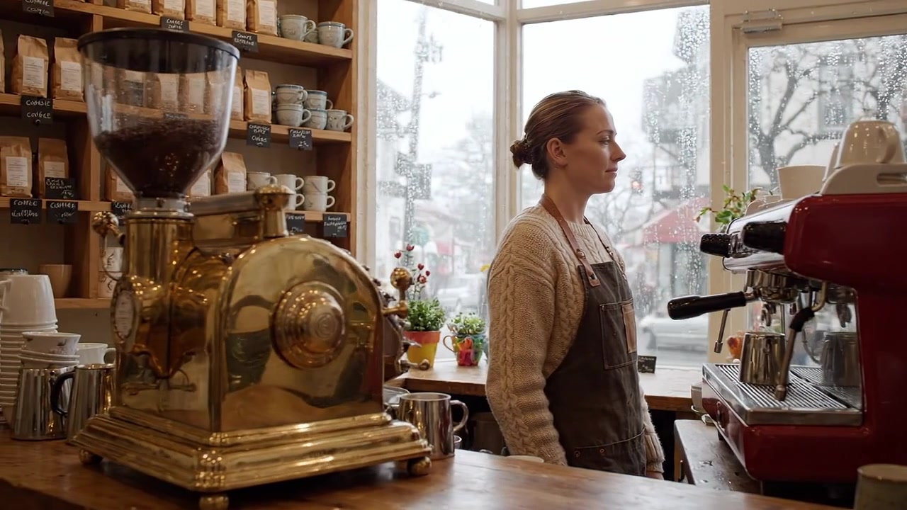 Un barista al lavoro: prepara il caffè con precisione in un accogliente ambiente da caffè, circondato da ingredienti e attrezzature, il tutto in un'atmosfera da giorno di pioggia.