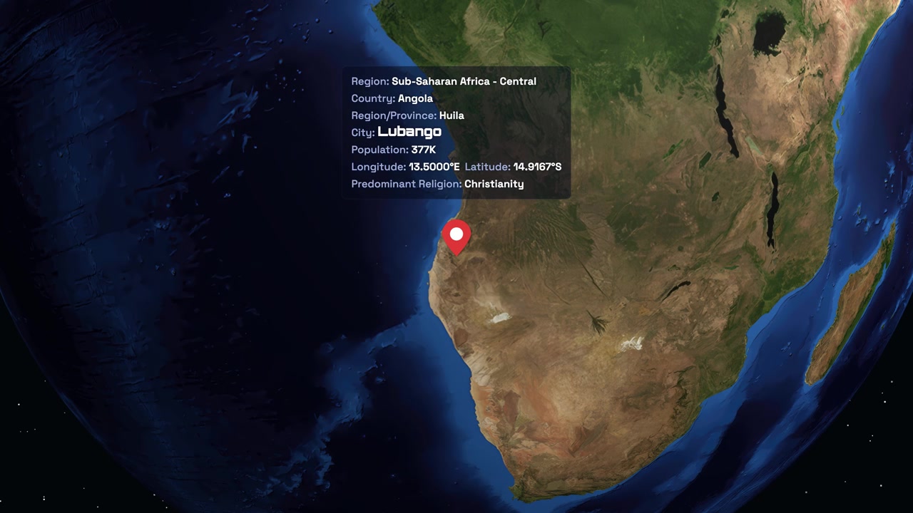 Digital globe rotates and zooms into Lubango, Angola, displaying regional statistics and location coordinates