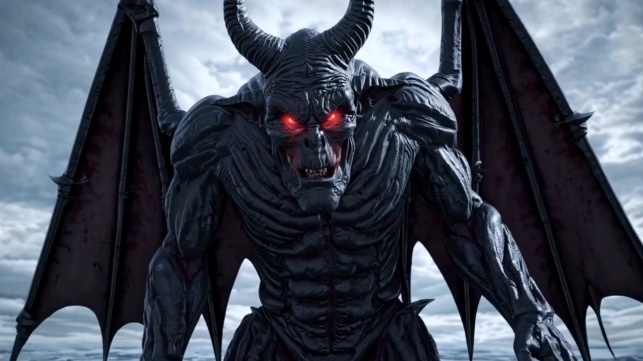 Demon with Glowing Red Eyes Standing Over Fallen Soldiers on Frozen Battlefield