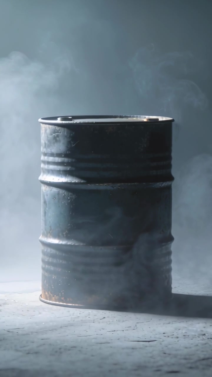 Video verticale: Nebbia che sale circondando un barile di metallo su un pavimento di cemento, accentuando la luce di contorno.
