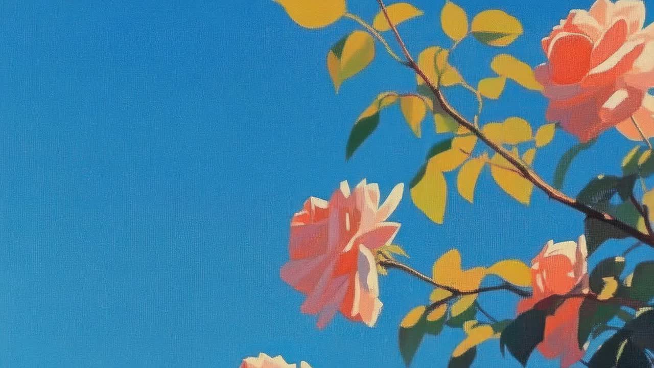 Low-angle video frame of pink roses against a clear blue sky, capturing a serene, natural scene