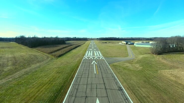 4K Luchtopname: Lage overvlucht over vliegveldbaan, uitgevoerd met toestemming