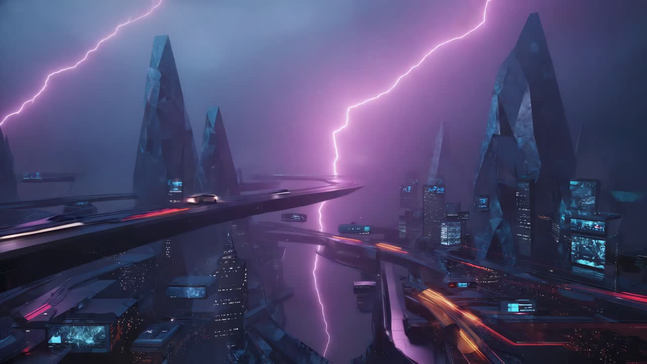 Futuristic Cityscape with Lightning