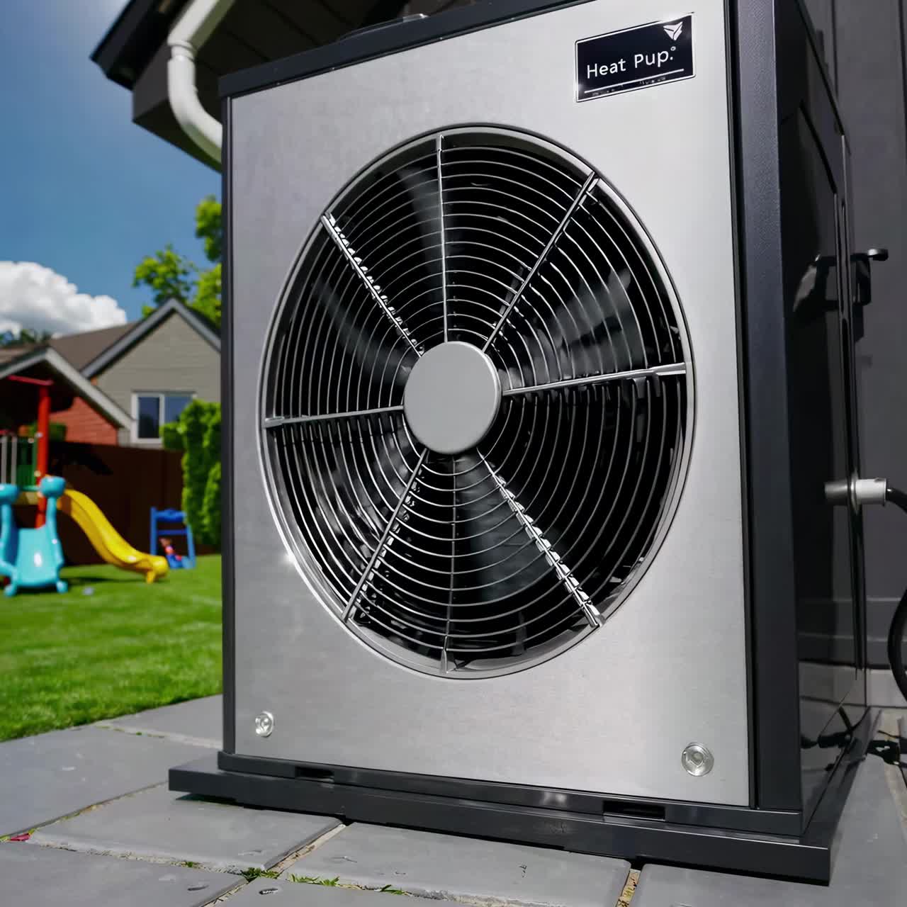 Low-angle shot of a modern heat pump in a backyard setting, showcasing its sleek design