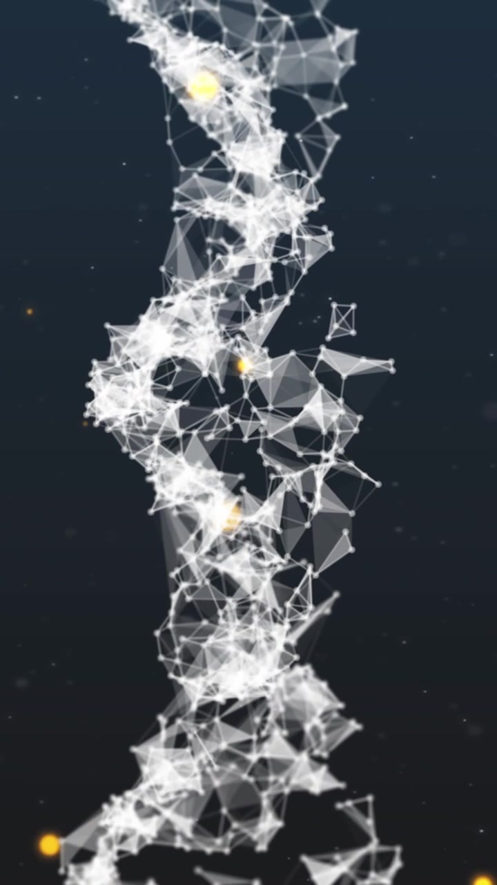 Animazione di un'onda digitale di reti plexus che ruotano e punti gialli luminosi su sfondo grigio.