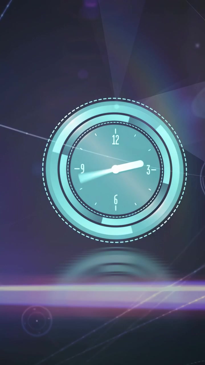 Video verticale: Bagliore viola che solleva parti di anelli, orologio color verde acqua che sale e lancette che scorrono il tempo per la tecnologia