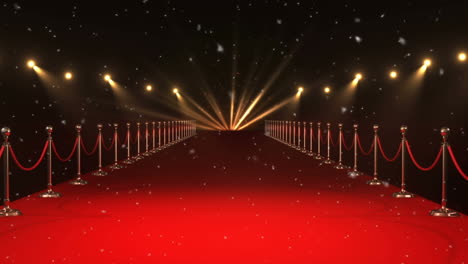 animation of snow falling over spot lights in red carpet venue