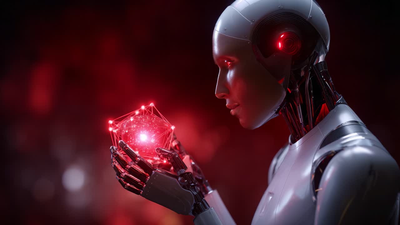Robot futuristico che tiene in mano un cristallo geometrico rosso incandescente, mettendo in mostra tecnologia avanzata e caratteristiche umane in un affascinante ambiente fantascientifico