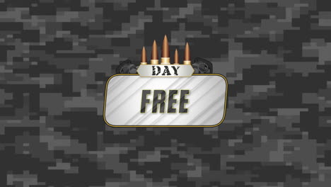 animation text free day on military grey background with patrons