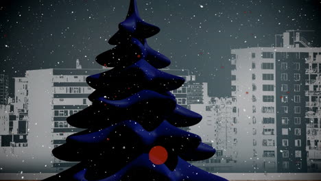 animation of snow falling over rotating fir tree on black background