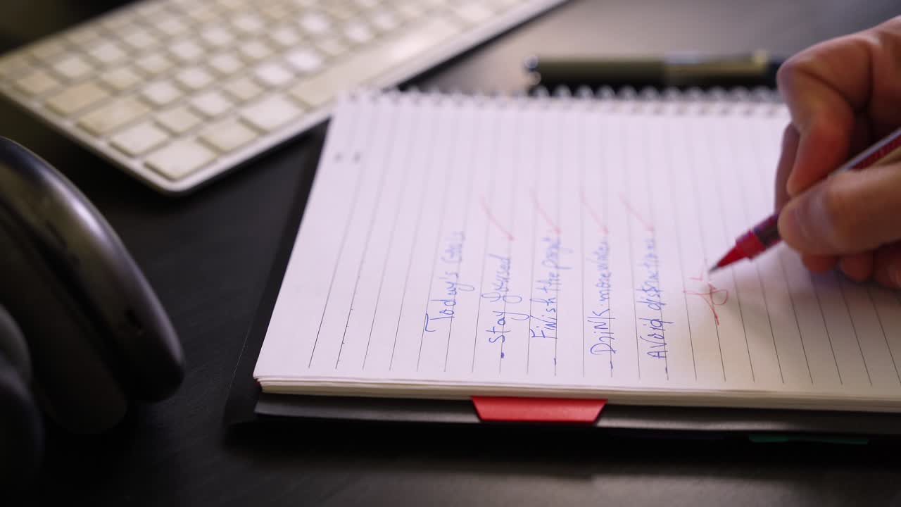Close-up of hand using red pen to mark a checklist on a lined notebook page at a desk with keyboard, indoor workspace scene with shallow depth of field