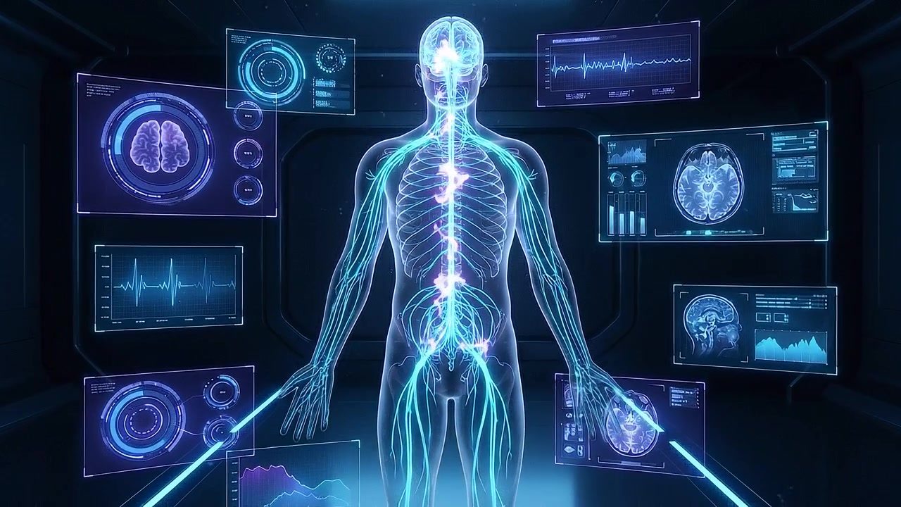 Digital human figure displayed among multiple futuristic medical screens