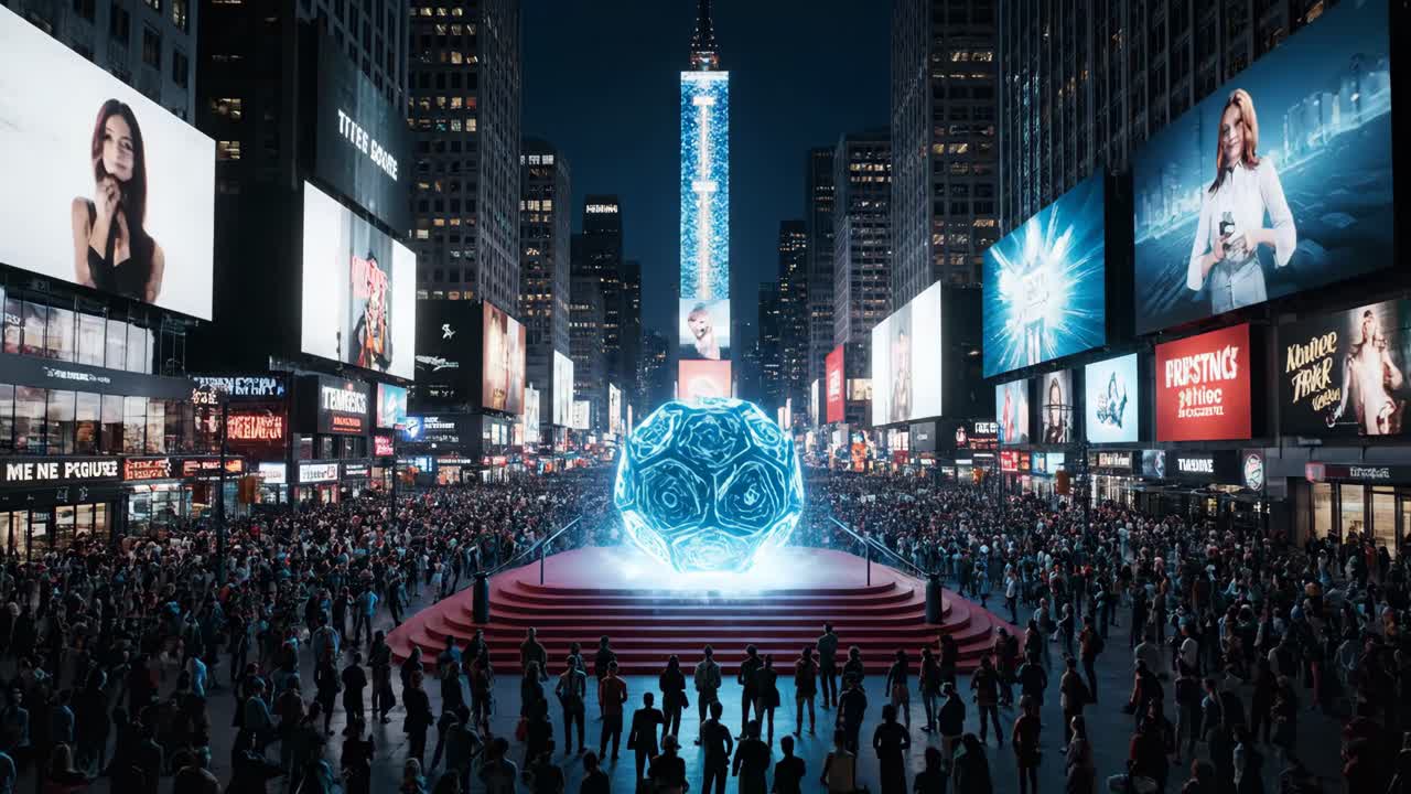Times Square at Night with a Large Crowd