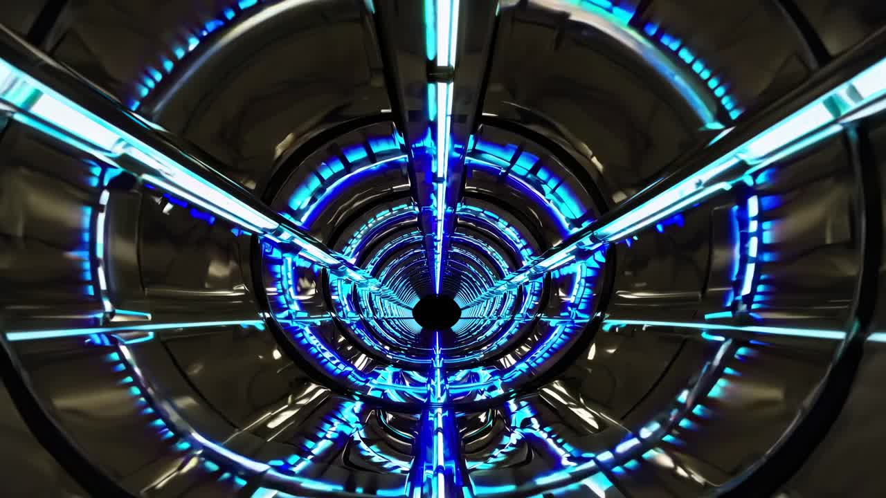 Tunnel metallico futuristico con luci al neon