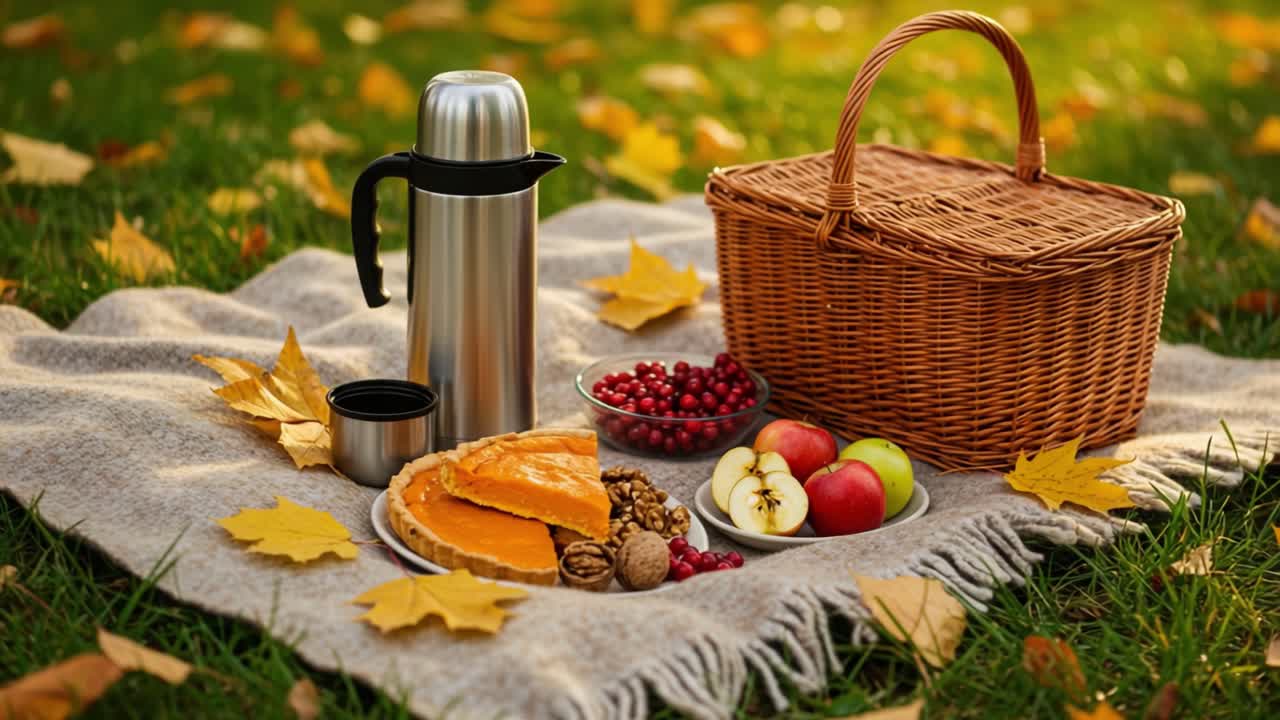 Autumn Picnic with Pumpkin Pie and Fruits