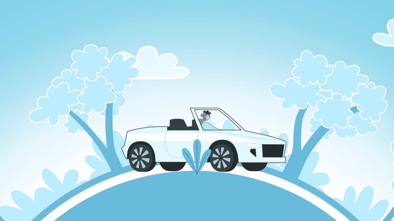 Woman Driving White Cabriolet Car in Nature Landscape. Flat Design Cartoon Isolated Loop 2d Animation