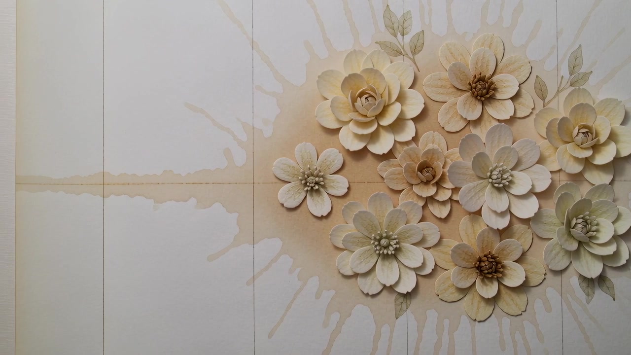 ベージュのウォッシュ（塗料）が左端から白いパネル全体に広がり、重ねられた紙の花を染めていく