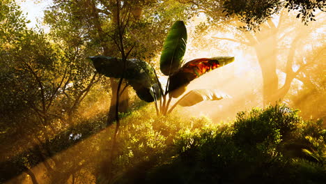 sunlight filters through trees illuminating tropical leaves in the forest