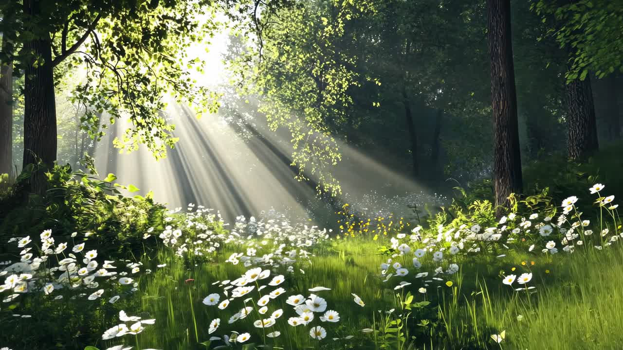 A serene forest scene with sunlight streaming through trees, captured from a low angle