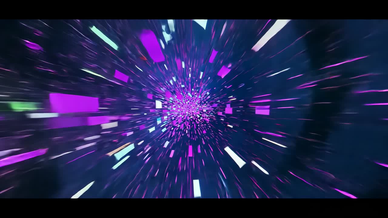 Vista della camera in apertura con accelerazione attraverso un corridoio di dati scuri, che mostra pannelli magenta ciano