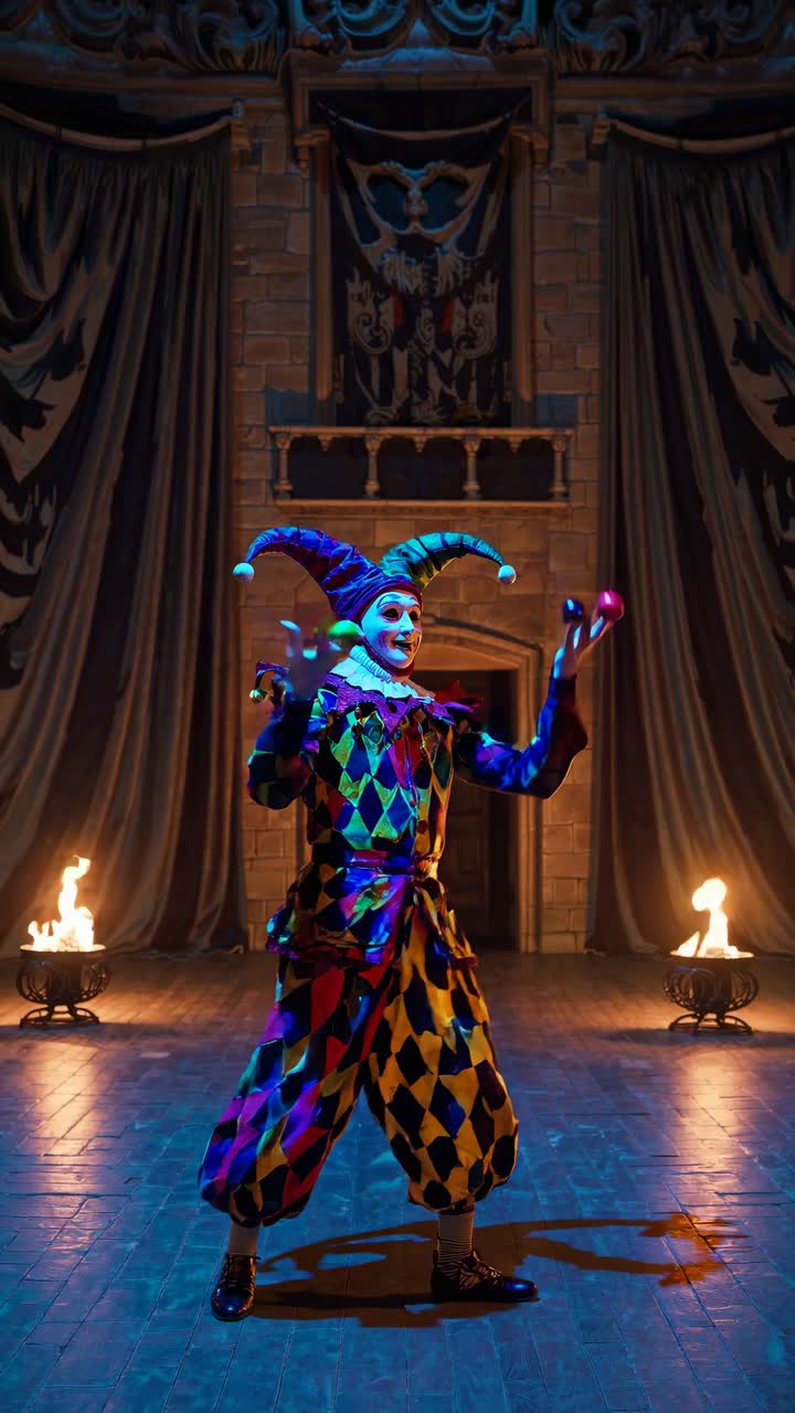 Un giullare in costume vivace fa giocoleria sotto un'illuminazione drammatica in una sala medievale.