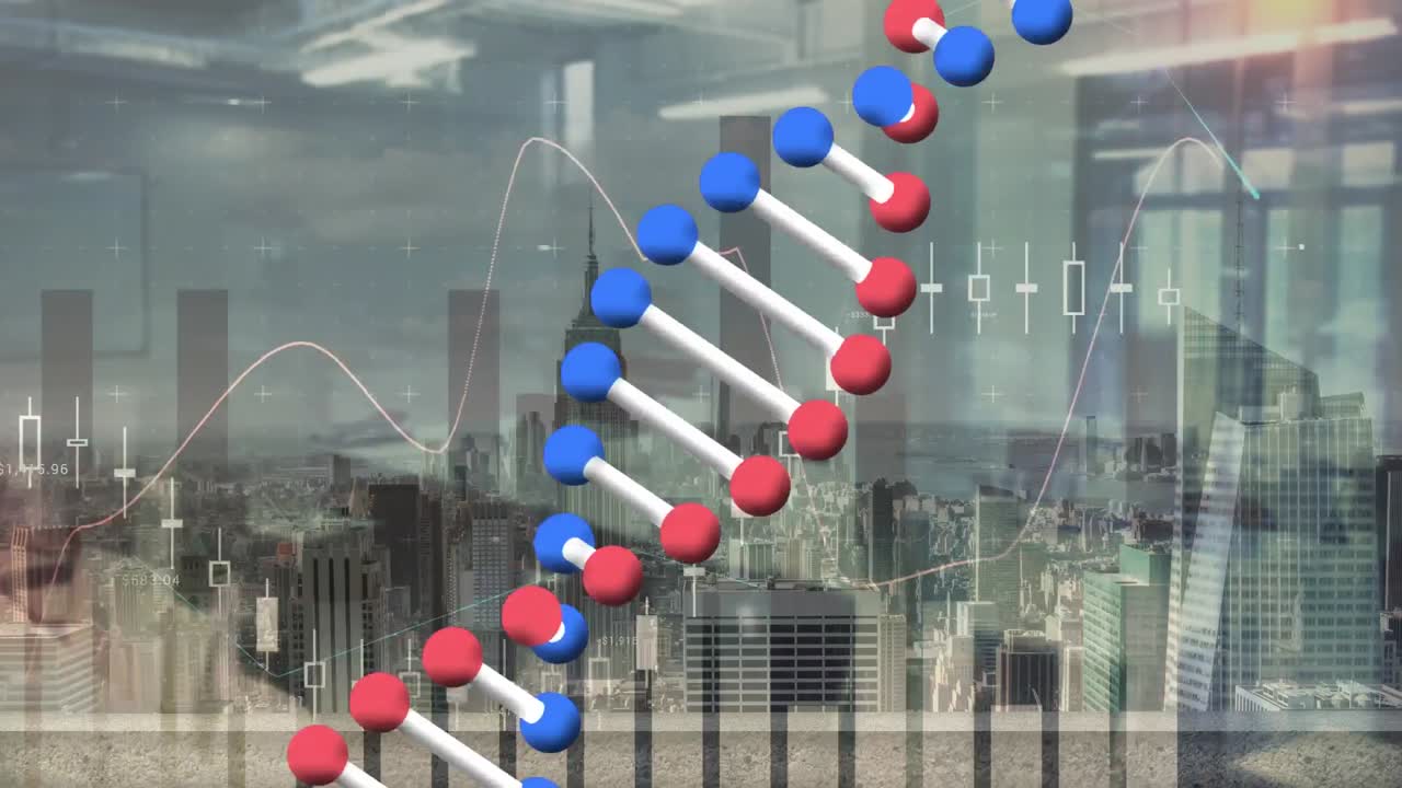 Animazione di filamento di DNA che gira, statistiche ed elaborazione di dati su paesaggio urbano