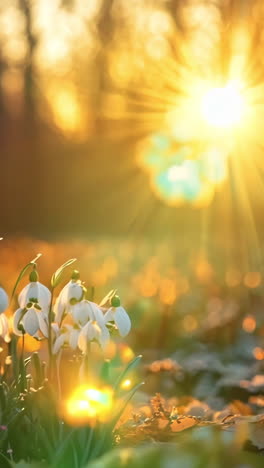 a bunch of white flowers are in the foreground of a forest with a sun in the background. the sun is shining brightly on the flowers, creating a warm and inviting atmosphere