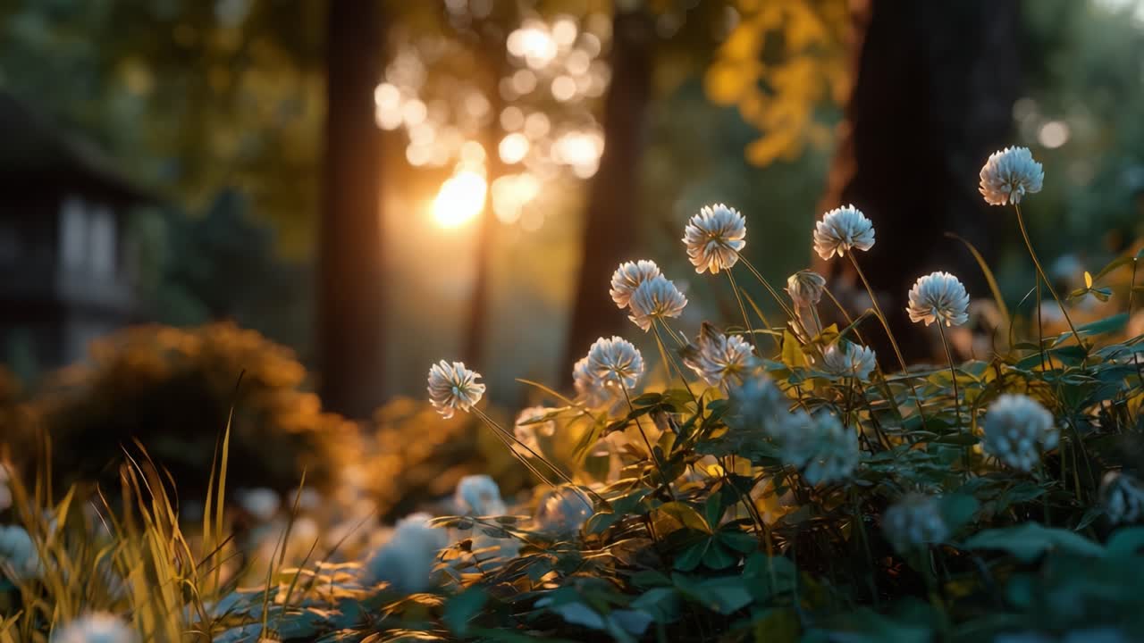 A serene sunset illuminates a meadow filled with blooming white clover flowers, creating a tranquil atmosphere amidst lush greenery and warm golden light