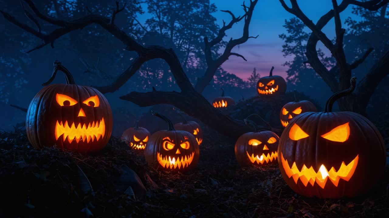A Chilling Halloween Scene Featuring Glowing Jack-o'-Lanterns in a Darkened Forest, Emanating Eerie Light and Mysterious Shadows as Night Falls