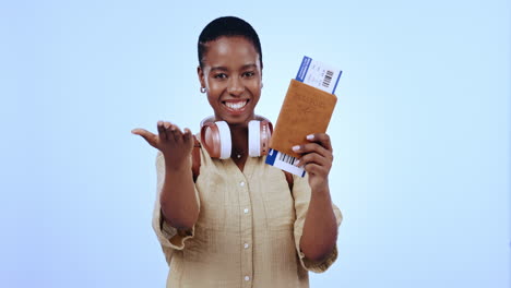 woman, passport and plane ticket in studio